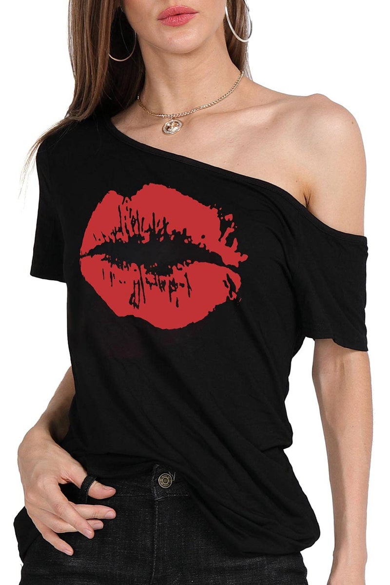 MAGICMK Womanâ€™s Off The Shoulder Lips Top Print Short Sleeve Cotton Sexy Fashion T-Shirt (L, Black+Red1) - Image 5